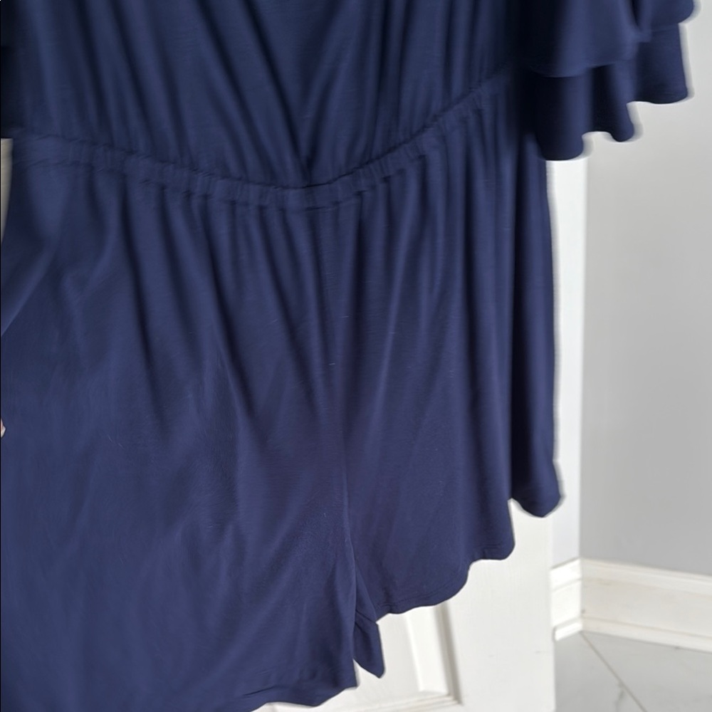 Navy Off-Shoulder Ruffle Romper - Picture 4 of 5